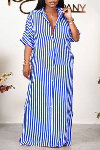 Light Blue Casual Striped Print Patchwork Buckle Turndown Collar Shirt Dress Dresses