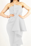 White Elegant Solid Split Joint Asymmetrical Strapless One Step Skirt Dresses