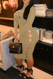 Khaki Fashion Casual Solid Hollowed Out Turtleneck Long Sleeve Dresses