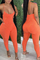Tangerine Red Sexy Solid Split Joint Spaghetti Strap Regular Jumpsuits