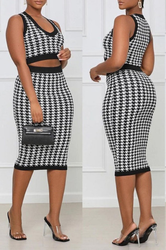 Black Casual Print Patchwork V Neck Sleeveless Two Pieces