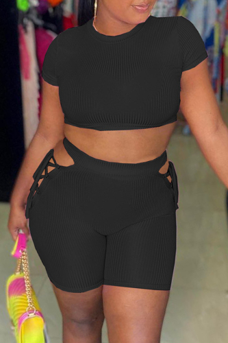 Black Fashion Casual Solid Bandage Hollowed Out O Neck Short Sleeve Two Pieces