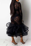 Black Sexy Solid Patchwork See-through O Neck Lace Dress Dresses