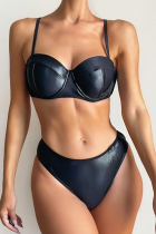 Black Sexy Solid Split Joint Swimwears
