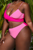 Pink Sexy Patchwork Solid Backless Spaghetti Strap Plus Size Swimwear