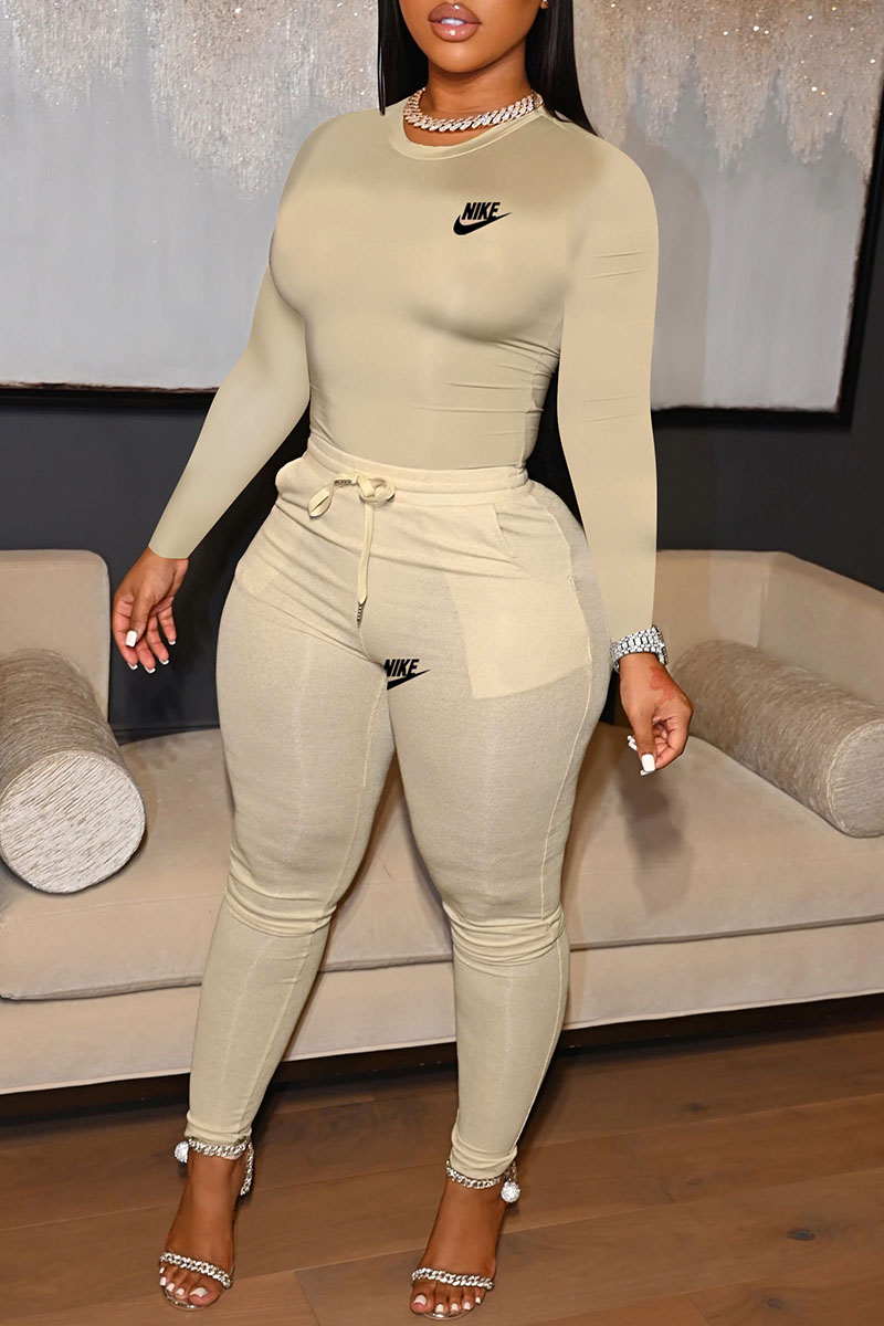 

Khaki Fashion Street Print Split Joint O Neck Long Sleeve Two Pieces