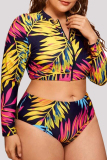 Multicolor Sexy Print Basic Zipper Collar Plus Size Long Sleev Swimwear Set