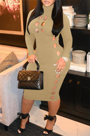 Khaki Fashion Casual Solid Hollowed Out Turtleneck Long Sleeve Dresses