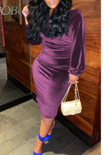 Pink Purple Black Evening Party Off the Shoulder Long Sleeve One Step Skirt Bodycon Velvet Midi Dresses