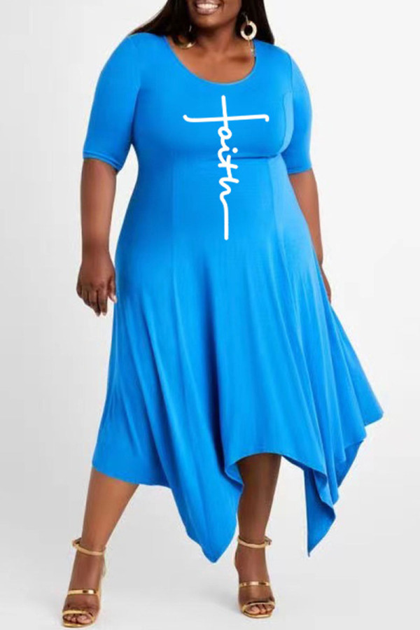 Sky Blue Casual Print Patchwork Asymmetrical O Neck Irregular Dress Plus Size Dresses