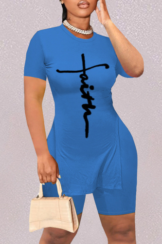 Blue Fashion Casual Print Slit O Neck Short Sleeve Two Pieces
