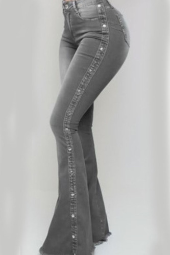 Grey Fashion Street Solid Rivets Patchwork Water Wash High-waisted Boot Cut Denim Jeans
