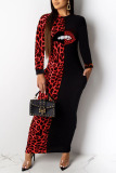 Red Casual Print Leopard Patchwork O Neck One Step Skirt Dresses