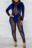 Blue Fashion Sexy Patchwork Sequins See-through Half A Turtleneck Skinny Jumpsuits