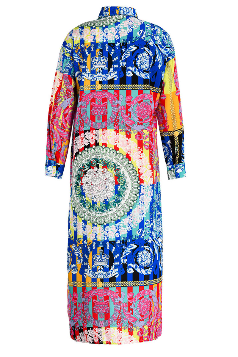 Printed Bat Sleeves Irregularly Stitched Multicolor Flower Dress