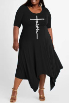 Black Casual Print Split Joint Asymmetrical O Neck Irregular Dress Plus Size Dresses