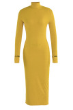 Yellow Casual Solid Embroidered Patchwork Turtleneck One Step Skirt Dresses