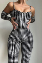 Black Fashion Sexy Print Backless Square Collar Skinny Jumpsuits