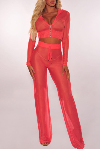Red Fashion Sexy Solid See-through Hooded Collar Long Sleeve Two Pieces
