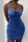 Blue Sexy Patchwork Spaghetti Strap Sleeveless Denim Dresses