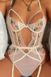 White Sexy Solid Embroidered Hollowed Out Split Joint See-through Valentines Day Lingerie