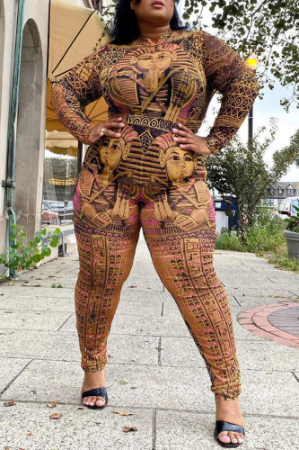 Multicolor Fashion Casual Print Basic O Neck Plus Size Jumpsuits