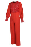 Red Sexy Solid Patchwork See-through O Neck Straight Jumpsuits