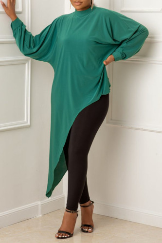 Green Casual Solid Patchwork Asymmetrical O Neck Dresses