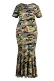 Camouflage Casual Print Camouflage Print Patchwork O Neck Trumpet Mermaid Plus Size Dresses