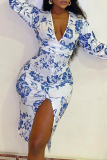Blue White Fashion Sexy Print Slit V Neck Long Sleeve Dresses