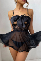 Black Sexy Solid Hollowed Out Patchwork See-through With Bow Valentines Day Lingerie