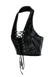Black Fashion Sexy Solid Backless Strap Design Halter Tops