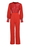 Red Sexy Solid Patchwork See-through O Neck Straight Jumpsuits