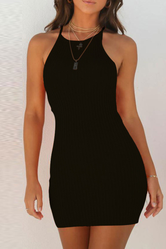 Black Fashion Sexy Solid Basic O Neck Sleeveless Dress