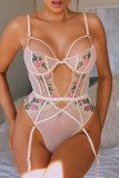 White Sexy Solid Embroidered Hollowed Out Split Joint See-through Valentines Day Lingerie