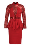 Red Sexy Solid Patchwork Flounce Asymmetrical Sequins Half A Turtleneck One Step Skirt Dresses