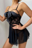 Black Sexy Solid Hollowed Out Patchwork See-through With Bow Valentines Day Lingerie