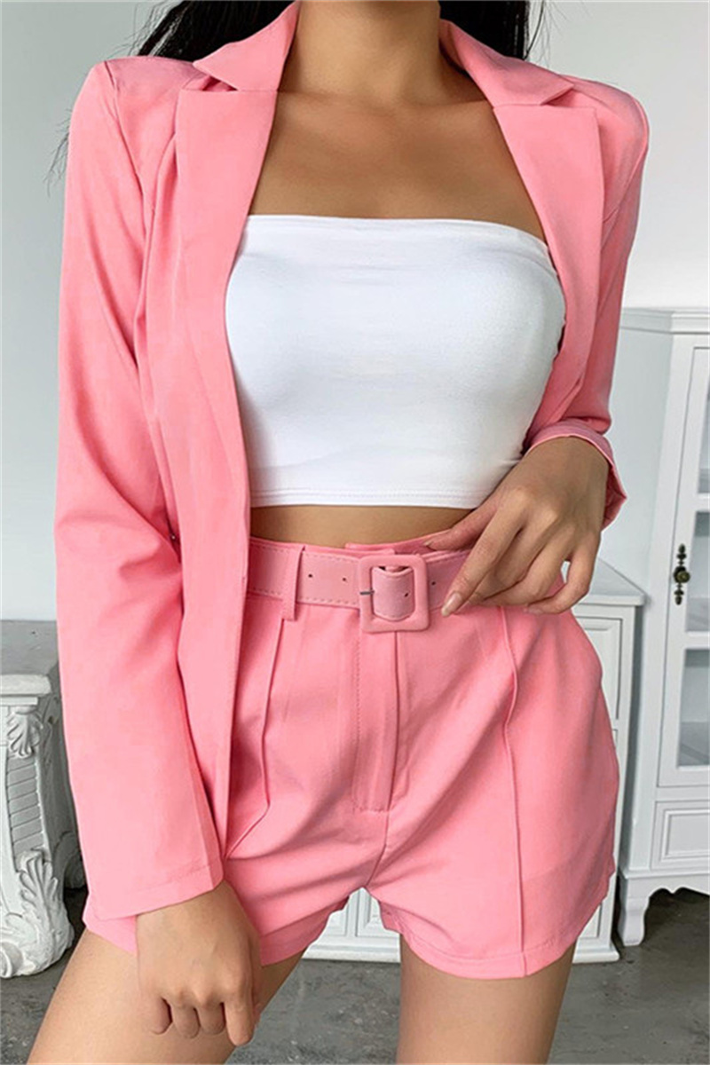 

Pink Fashion Casual Solid With Belt Turn-back Collar Long Sleeve Two Pieces