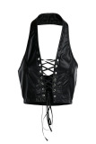 Black Fashion Sexy Solid Backless Strap Design Halter Tops