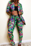 Green Fashion Casual Print Cardigan Pants Turn-back Collar Long Sleeve Two Pieces