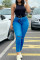 Medium Blue Fashion Casual Solid Ripped High Waist Skinny Denim Jeans(Without Belt)