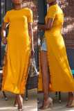 Yellow Fashion Casual Solid Slit O Neck Short Sleeve Dress
