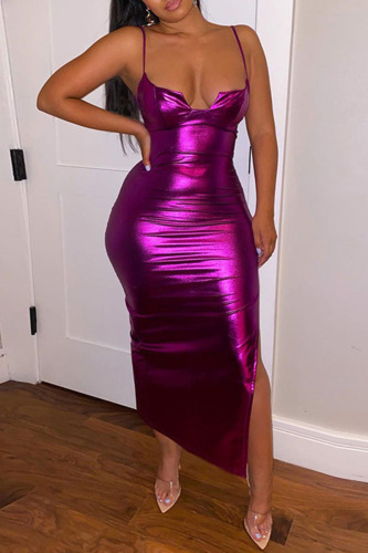 Purple Sexy Solid Patchwork Slit Spaghetti Strap Sling Dress Dresses