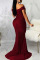 Burgundy Sexy Elegant Solid Split Joint Slit Fold V Neck Straight Dresses