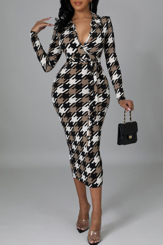 Brown Sexy Plaid Print Bandage Patchwork V Neck One Step Skirt Dresses