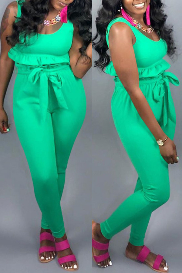 Green Fashion Casual Solid Vests Pants U Neck Sleeveless Two Pieces