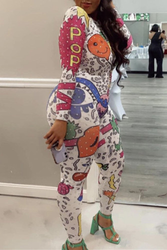 White Fashion Casual Graffiti Printing O Neck Skinny Jumpsuits
