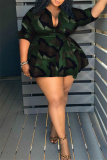 Army Green Fashion Casual Camouflage Print With Belt Turndown Collar Long Sleeve Plus Size Dresses