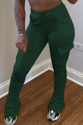 Dark green venetian Elastic Fly Mid Solid Pocket pencil Pants Bottoms