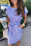 Colorful Blue Fashion Casual Striped Print Basic O Neck Short Sleeve Dress